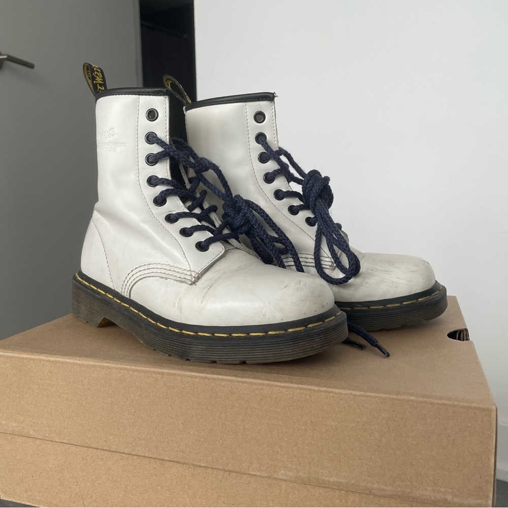 White Doc Martens w/ Navy Blue Laces